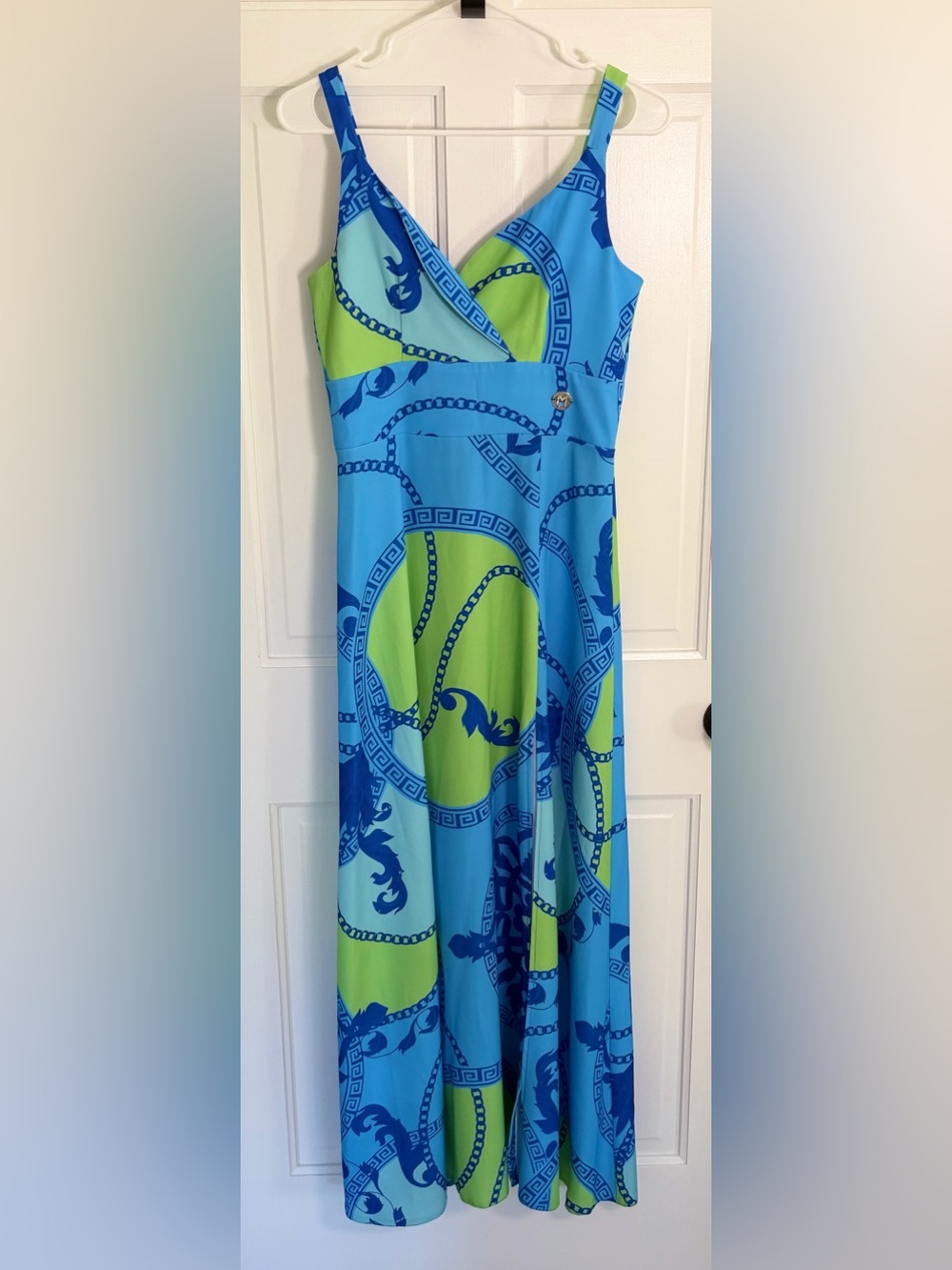 Mystic Day Michelle Maxi Dress S Blue Green Greek Chain Print Y2K